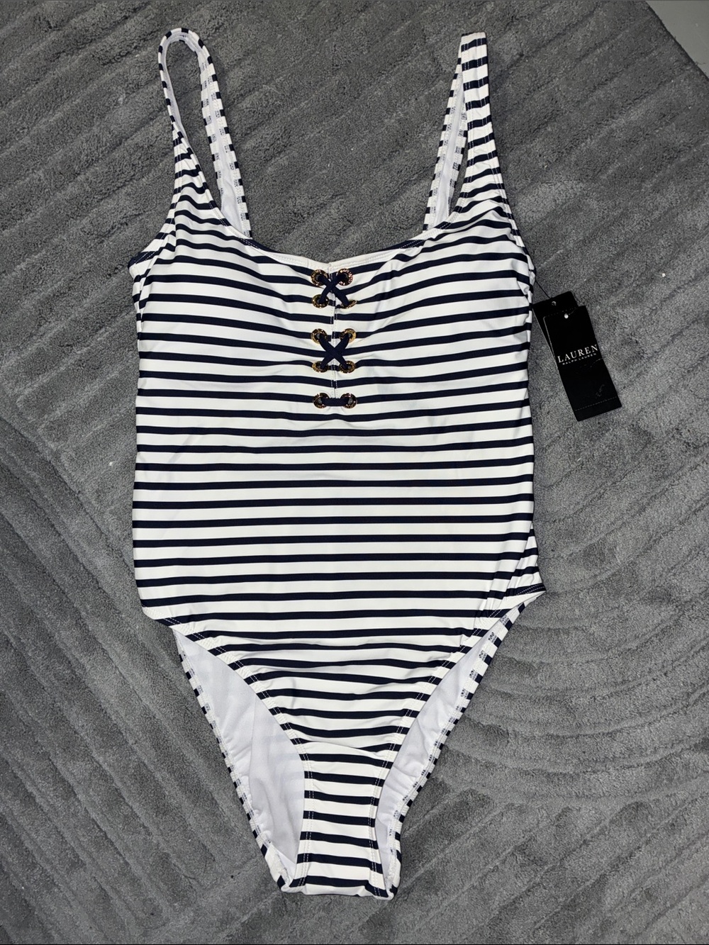 Lauren Ralph Lauren Navy & White Striped Lace-Up One-Piece Swimsuit